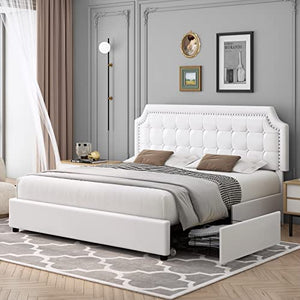 Upholstered Queen Platform Bed Frame with 4 Drawers - EK CHIC HOME