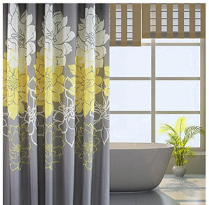 Peony Flower Fabric Shower Curtain Mildew Resistant Yellow and Grey, 72 x 72 - EK CHIC HOME