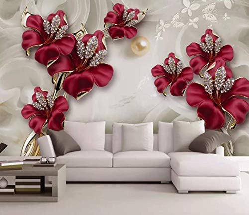 Swarovski Floral Wallpaper Crystal Red Flower Wall Mural Lux Home Decor Living Room Bedroom Entryway - EK CHIC HOME