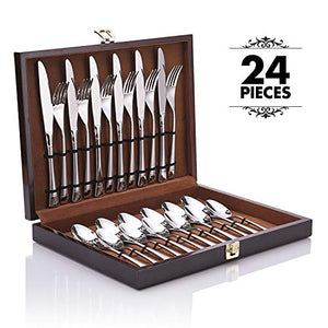 Elegant 24 Piece Flatware Set, Dinnerware Set Service for 6 with Wooden Gift Box ( Silver ) - EK CHIC HOME