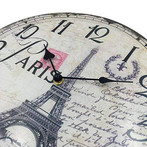 (12 Inches) Vintage/Country / French Style Wooden Clock Round Eiffel - EK CHIC HOME