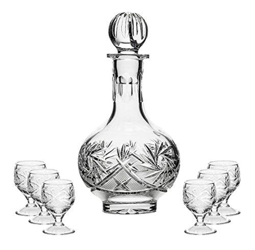 Set of 16 Oz. Crystal Decanter and Six 1.5 Oz. Vodka Shot Glasses, Hand-Made Crystal - EK CHIC HOME