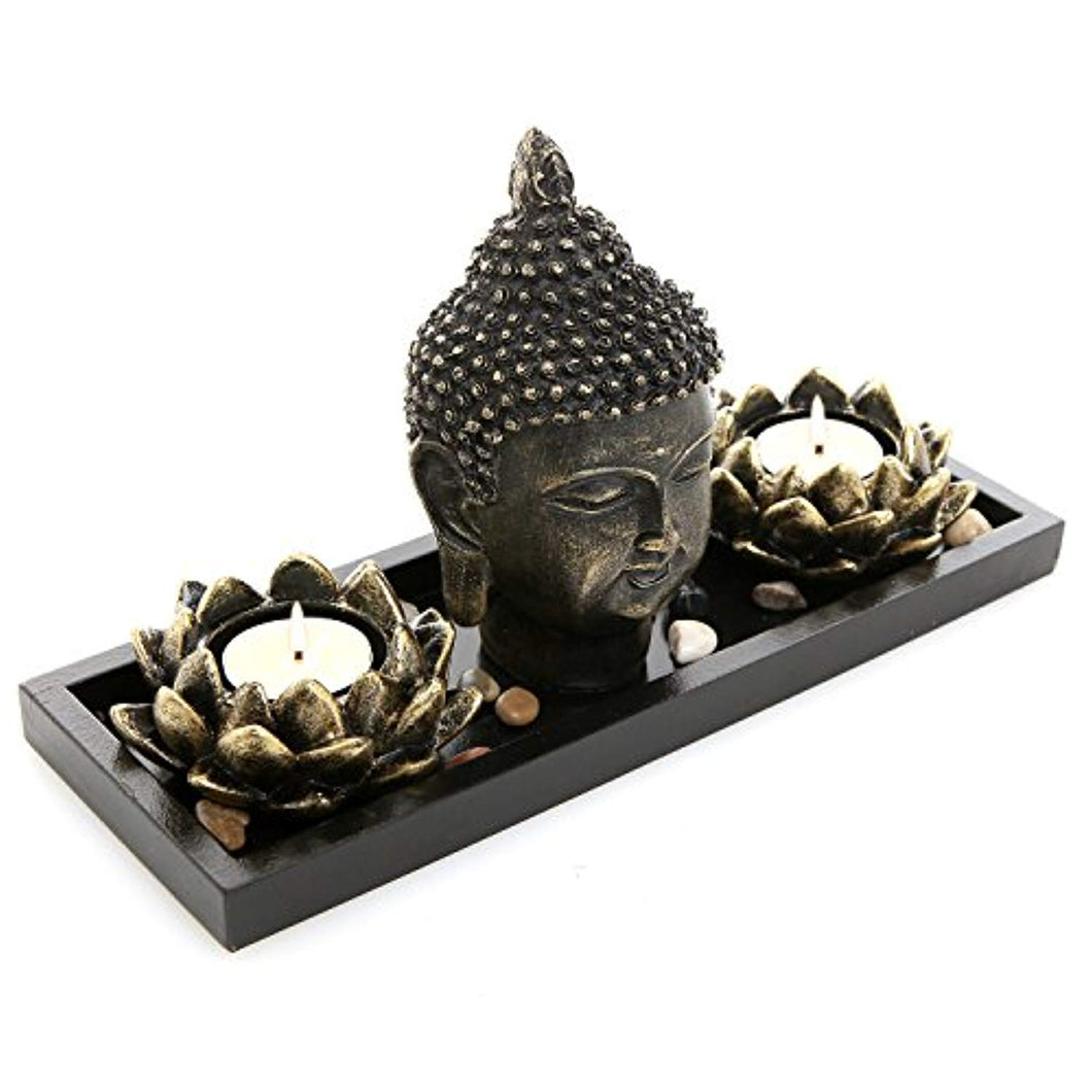 Buddha Head Sculpture Zen Garden Set w/Lotus Tealight Candle Holders - EK CHIC HOME
