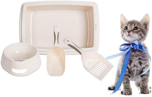 Large Cat Starter Kit 4PCS Set Includes Bowl,Shovel,Litter Tray and Spoon for Kitties - EK CHIC HOME