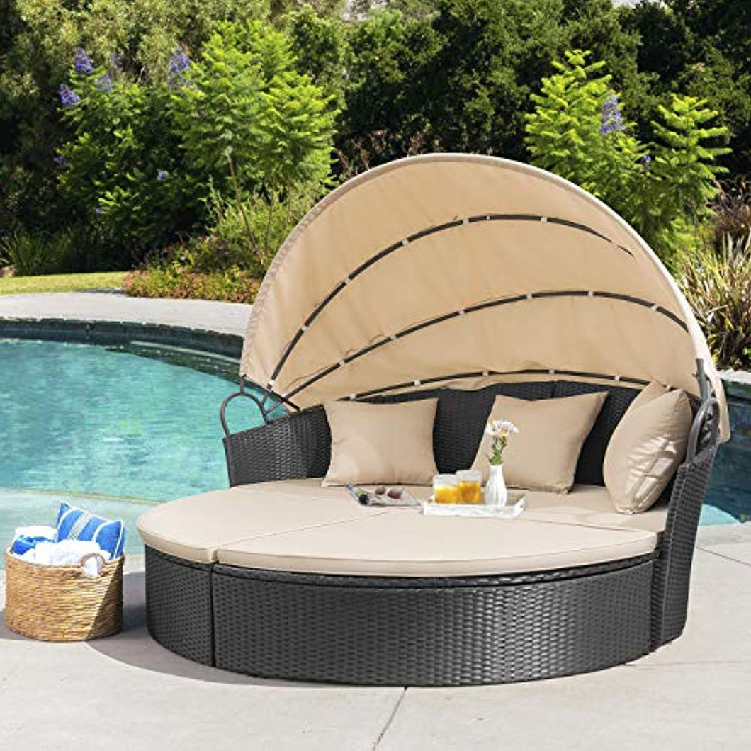Patio Round Daybed with Retractable Canopy - EK CHIC HOME