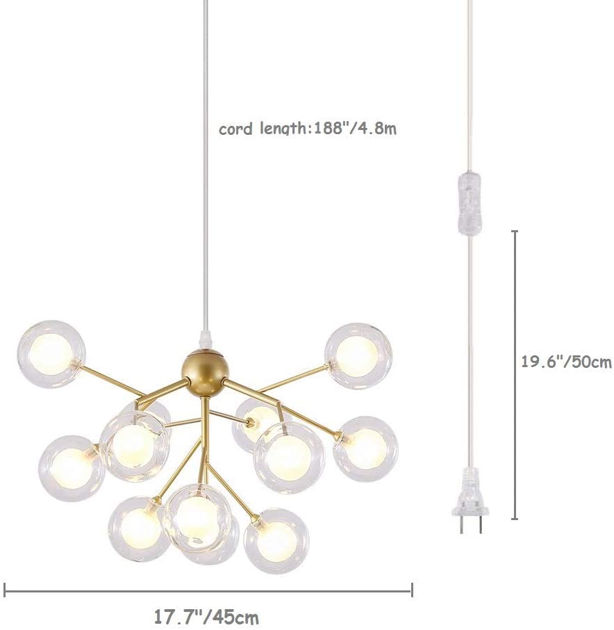 Plug in Sputnik Chandelier 12-Light Pendant  with 16 ft Cord - EK CHIC HOME