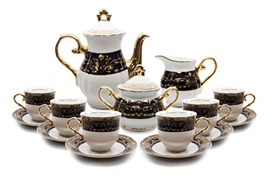 Royalty Porcelain 17-pc Flower Pattern  Tea Set, 24K Gold-Plated Original Czech Service for 6 - EK CHIC HOME