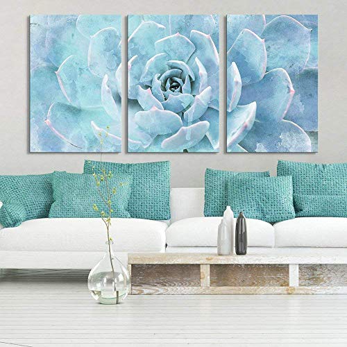 3 Panel Canvas Wall Art - Closeup of a Blue Succulent Plant - Giclee Print Gallery Wrap - EK CHIC HOME