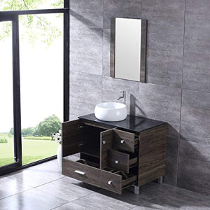 36” Bathroom PLY Wood Vanity Cabinet Top Ceramic Vessel Sink Faucet Drain Combo with Mirror Vanities Set - EK CHIC HOME