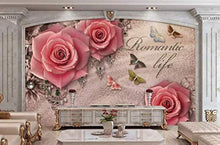 Load image into Gallery viewer, Floral Wallpaper Pink Rose Wall Mural Lux Diamond Wall Art British Home Decor Cafe Design Living Room Bedroom - EK CHIC HOME