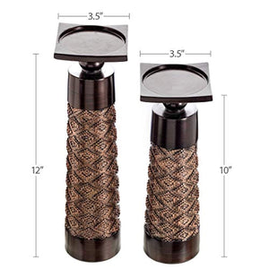Decorative Candle Holder Set of 2 - Home Decor Pillar Candle Stand, Gift Boxed (Coffee Brown) - EK CHIC HOME