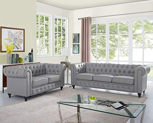 Gray Chesterfield Love Seat & Sofa Set - EK CHIC HOME