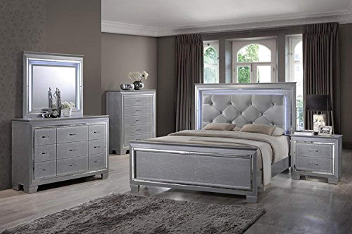 Tinley Silver Finish Diamond Tufted Bedroom Set 5 Pcs with Led Lights