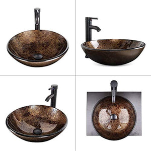 Artistic Round Bathroom Sink Tempered Glass Vessel Sink Combo with Faucet - EK CHIC HOME