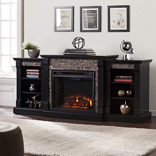 CHIC Ganyan Faux Stone Electric Fireplace with Bookcase, Black Finish - EK CHIC HOME
