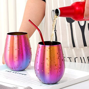 7 oz Stainless Steel Stemless Wine Glass- Set of 2 Metal Drinking Cups(Rainbow) - EK CHIC HOME