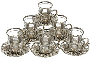 Set of 6 Turkish Style Tea Glasses with Brass Holder Saucer and Spoons Set Silver Plated 24 Pieces - EK CHIC HOME