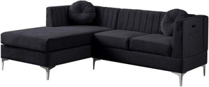 Velvet Sectional Sofa Chaise with USB Charging Port, Black - EK CHIC HOME