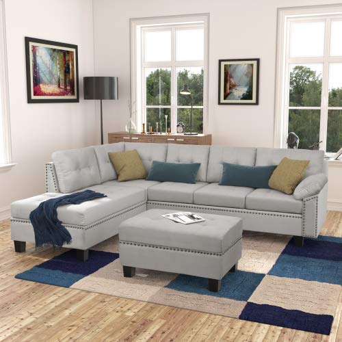 Sectional Left Chaise Lounge, 6 Pillows, Storage Ottoman and Nail Head - EK CHIC HOME