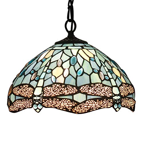 Tiffany Hanging Lamp Crystal Bead Dragonfly 12 Inch Sea Blue Stained Glass - EK CHIC HOME