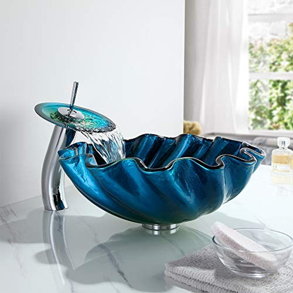 Blue&Green Seashell Wave Tempered Glass Vessel Sink & Waterfall Faucet