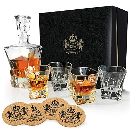 Whiskey Decanter Set in Premium Gift Box with 4 Glasses and 4 Coasters - EK CHIC HOME