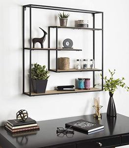 Large Modern Decorative Floating Wall Shelves with Black Metal Frame, Rustic Brown Wood - EK CHIC HOME
