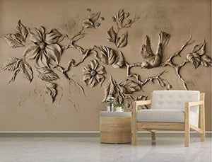 3D Embossed Floral Wallpaper Cement Blossom Sculpture Bird Wall Art Minimalist - EK CHIC HOME