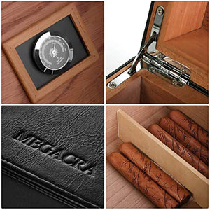 Cigar Humidor Leather Surface for 25-50 Cigars Desktop Cedar Lined Box with Hygrometer and Humidifier - EK CHIC HOME