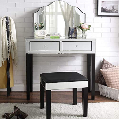 Mirrored Black Vanity Set - 3 Piece Set - Stool and Mirror - EK CHIC HOME