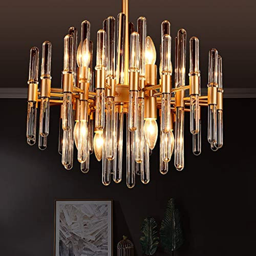 Crystal Chandelier，8 Light Round Pendant Light，Width 19 inch，Brass Metal + Clear Glass - EK CHIC HOME