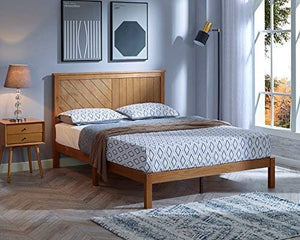 Wood Platform Bed Deluxe Unique Style Design with Headboard, Rustic Pine Finish - EK CHIC HOME