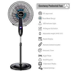 Oscillating Pedestal Fan w/Timer, LCD Display, Double Blades, Remote Control - EK CHIC HOME