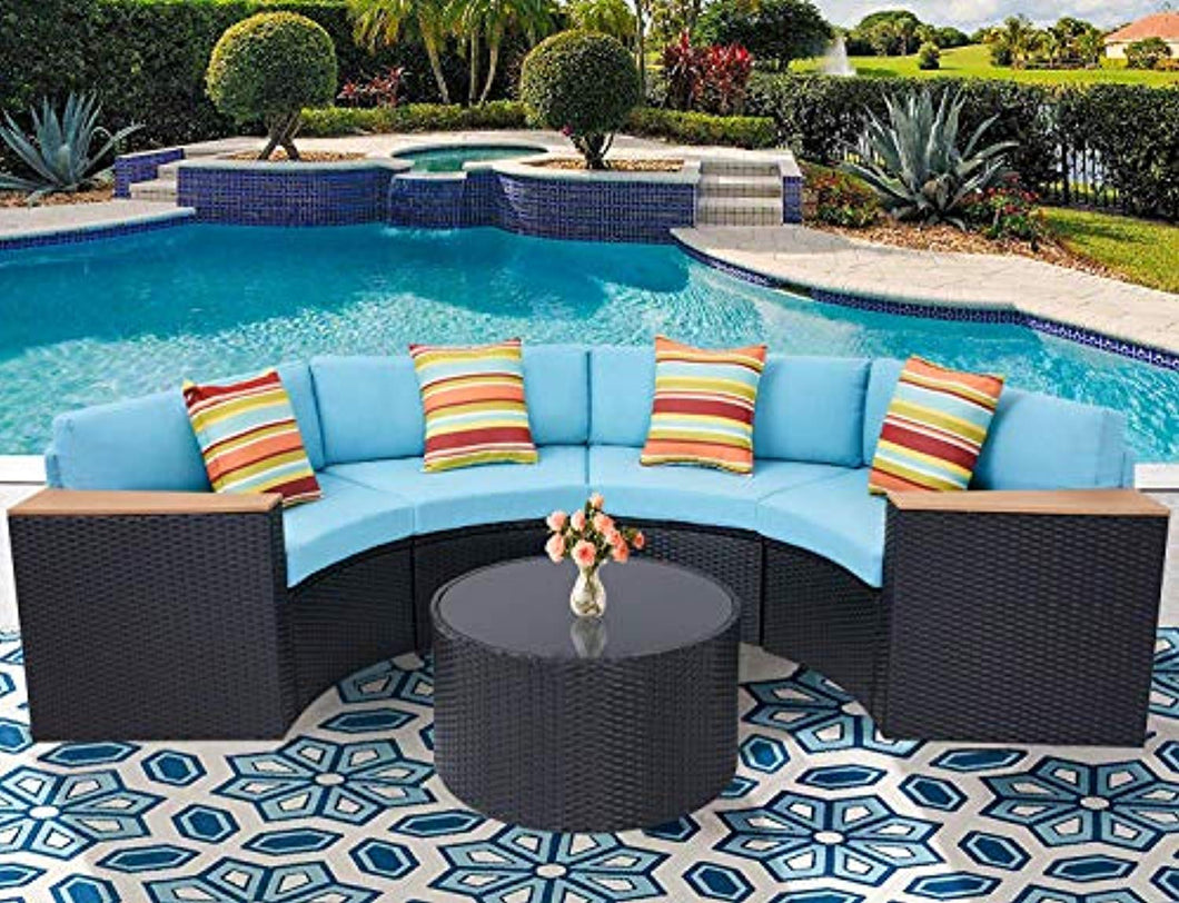 Outdoor Sectional Sofa 5-Piece Half-Moon Patio Furniture Set W/Tempered Glass Top Table - EK CHIC HOME