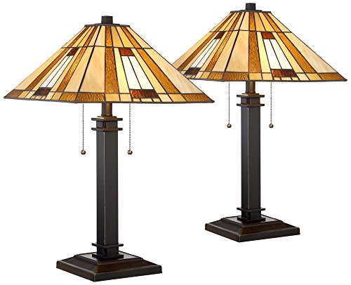 Giselle Bronze and Tiffany Glass Accent Table Lamp Set of 2 - EK CHIC HOME