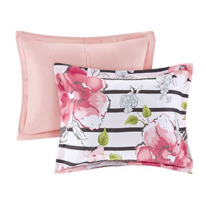 4 Piece (Full/Queen Size) Cute Pink Floral Bed Set with Faux Fur Decorative Pillow - EK CHIC HOME