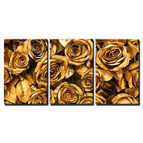 3 Piece Canvas Wall Art - Golden Fabric Roses Background - Stretched and Framed Ready to Hang - 24