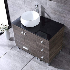 36” Bathroom PLY Wood Vanity Cabinet Top Ceramic Vessel Sink Faucet Drain Combo with Mirror Vanities Set - EK CHIC HOME