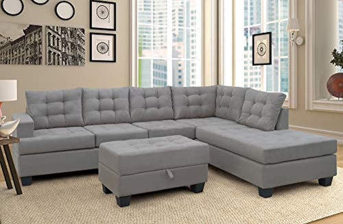 Sofa 3-Piece Sectional Sofa with Chaise and Ottoman Living Room Furniture,(Gray) - EK CHIC HOME