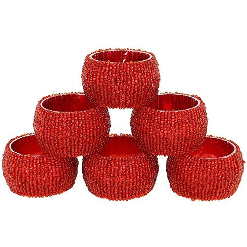 Set of 6 Red Beaded Table Decoration Napkin Rings - EK CHIC HOME