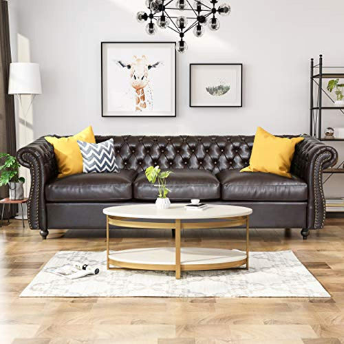 CHIC Chesterfield Tufted Faux Leather Sofa with Scroll Arms, Brown - EK CHIC HOME