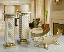 Load image into Gallery viewer, Diamond Lattice Decorative Pillar Candle Holders, Set of 2(Gold &amp; White) - EK CHIC HOME