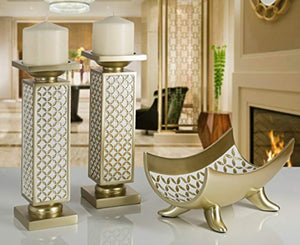 Diamond Lattice Decorative Pillar Candle Holders, Set of 2(Gold & White) - EK CHIC HOME