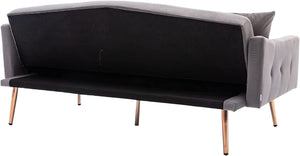 Velvet Futon Sofa Mid Century - Gold Metal Legs and 2 Pillows - EK CHIC HOME