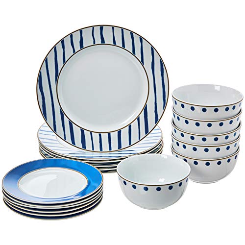 18-Piece Dinnerware Set - Blue Accent, Service for 6 - EK CHIC HOME