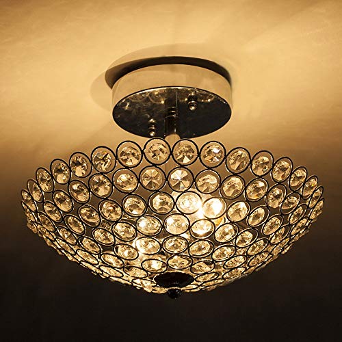 2 Lights 11.8 Inches Bowl Shaped Chrome Finish Crystal Flush Mount Ceiling Light - EK CHIC HOME