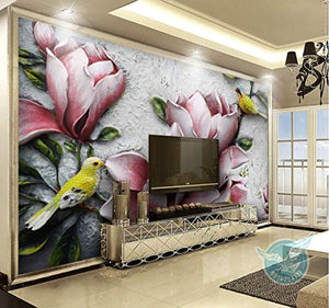 Floral Wallpaper 3D Embossed Lily Wall Mural Vintage Flower Wall Print Colorful Birds Wall Art Retro Home Decor Entryway - EK CHIC HOME
