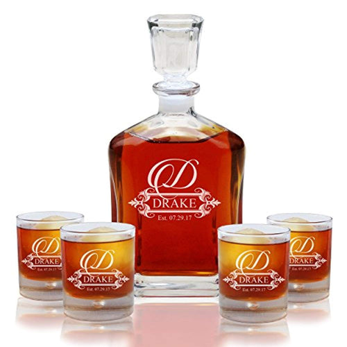 Personalized 5 pc Whiskey Decanter Set - Decanter and 4 Glasses Gift Set - Custom Engraved with Fancy Design - EK CHIC HOME