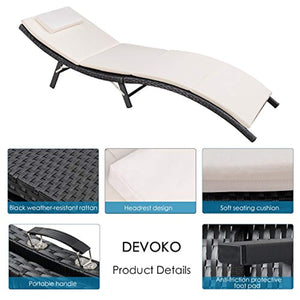 Devoko Patio Chaise Lounge Outdoor Rattan Patio Folding Lounge Chair with Cushion (Black) - EK CHIC HOME