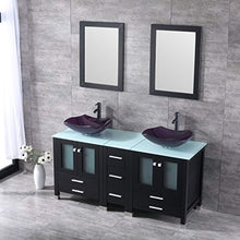 Load image into Gallery viewer, 60” Bathroom Double Wood Vanities Cabinet with Mirrors Flower Purple Tempered Glass Vessel Sink Combo Oil Rubbed Bronze Faucet Pop-up Drain - EK CHIC HOME